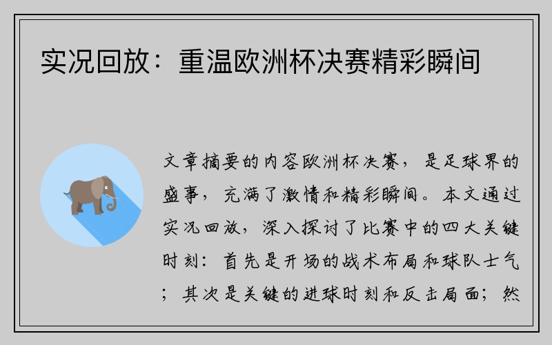 实况回放：重温欧洲杯决赛精彩瞬间